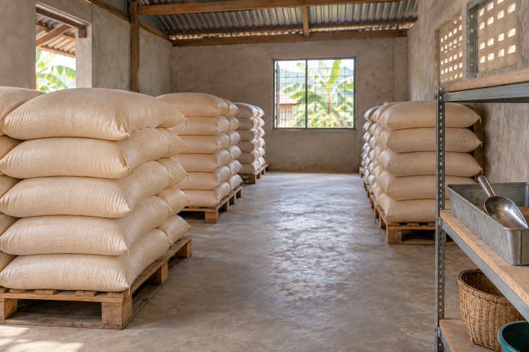 Bao cám cho heo xếp trên pallet trong kho khô, có lối đi kiểm tra