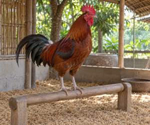 Gà trống đứng trên cầu đậu gỗ thấp, phía dưới là chất độn khô