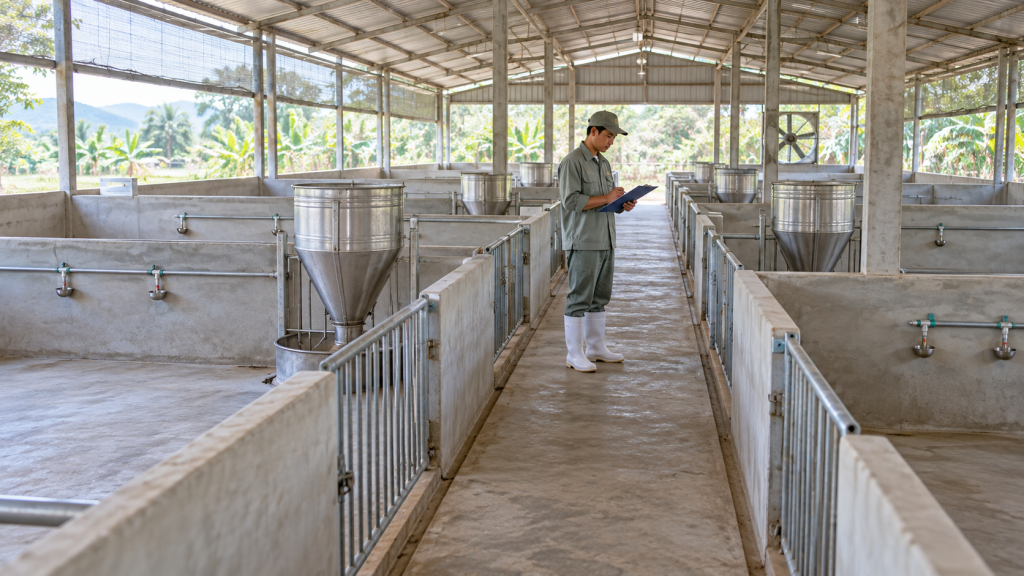 Minh họa chuồng heo trống, sạch với máng ăn và người kiểm tra trước khi nhập đàn mới